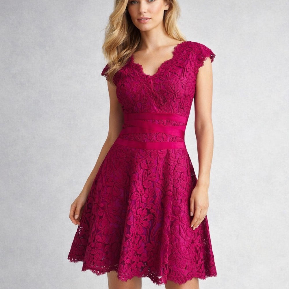 Tadashi Shoji Magenta Floral Lace Fit & Flare Dress Size 4
